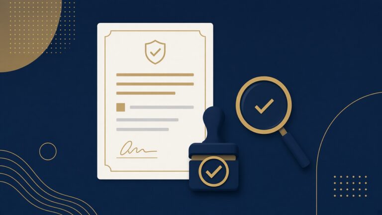 Illustration of a TDS certificate with a stamp and magnifying glass