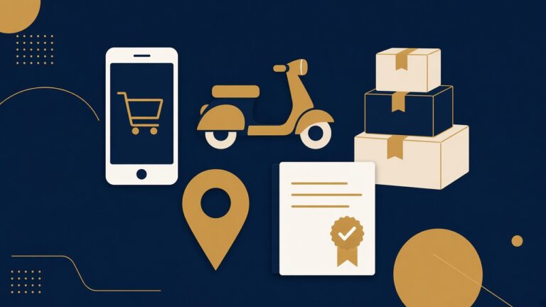 Flat navy and gold illustration of a smartphone with a shopping cart, a delivery scooter, parcels, a location pin and a certified document