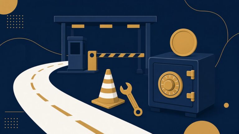 Flat navy and gold illustration of a highway, a toll plaza barrier, a traffic cone, a wrench and a safe with a gold coin