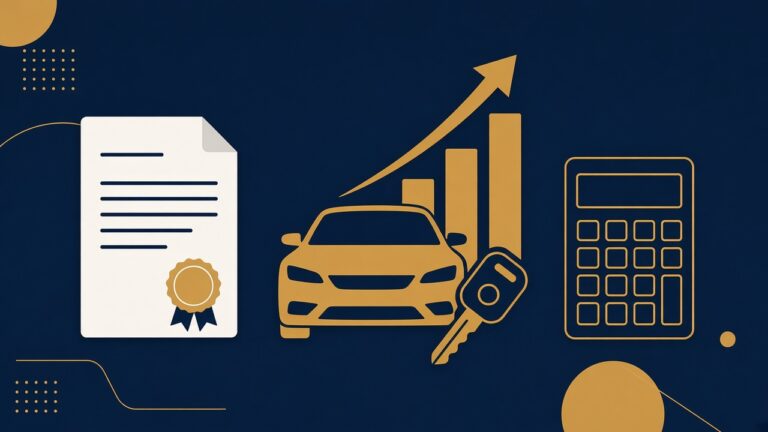 Flat navy and gold illustration of a car with a key, a rising bar chart, a calculator and a sealed document