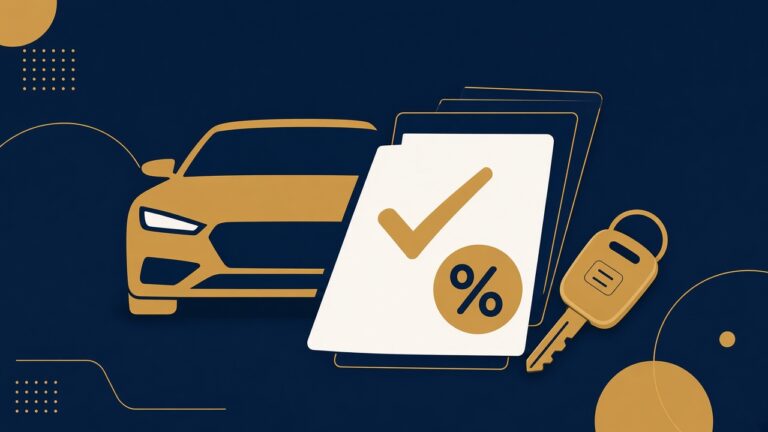Illustration of a car, a tax document with a checkmark and a key